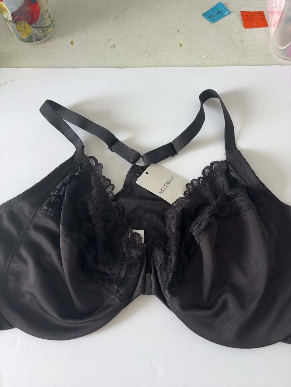 Meleneca Black Lace Front-Close Racerback Bra 42E NEW